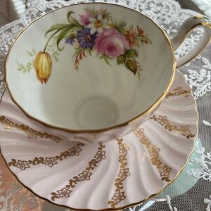 Pink Floral Porcelain Teacup and Saucer with Gold Trim